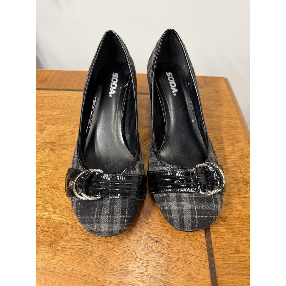 Vtg 90s Soda Y2K 9 Gray Plaid Kitten Heel Schoolgirl Dark Academia Office Sire